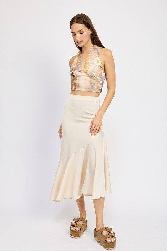 Asymmetrical ruffle hem automotive skirt by Jade Icarus, featuring a stylish, layered design and unique ruffle details.