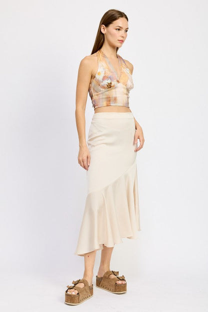 Asymmetrical ruffle hem skirt in automotive style by Jade Icarus, featuring a unique, flowing design with ruffled details.