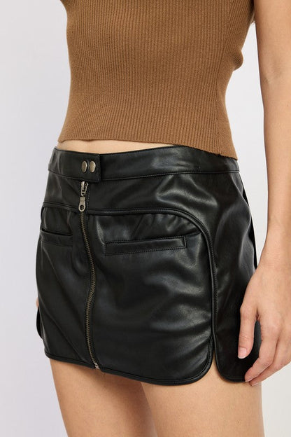 Jade Icarus Moto Mini Skirt with zipper, automotive-inspired design, shown in black with front zipper detail.