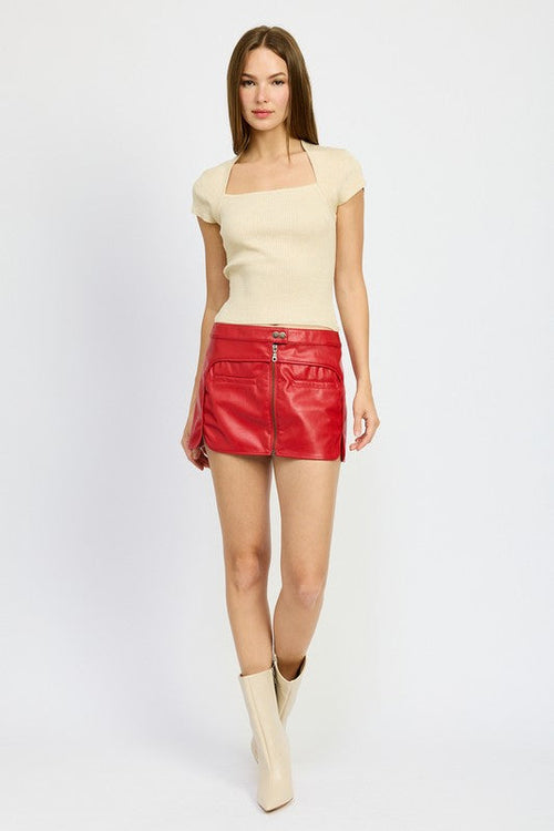 Jade Icarus Moto Mini Skirt with zipper, featuring sleek automotive-inspired design and metal zipper detail.