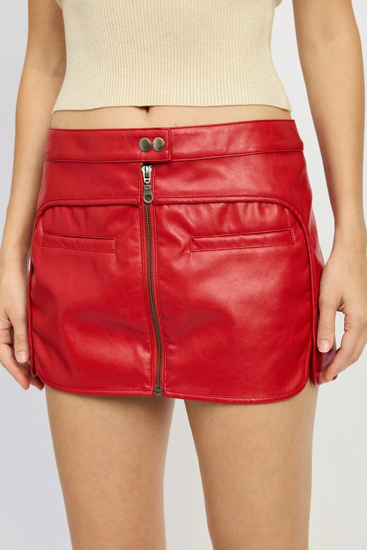 Jade Icarus Moto Mini Skirt with zipper, automotive-style design, featuring zipper details and a sleek, fitted silhouette.