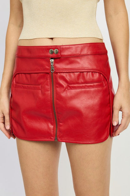 Jade Icarus Moto Mini Skirt with zipper, automotive-style design, featuring zipper details and a sleek, fitted silhouette.