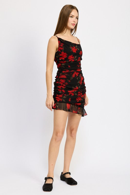 Automotive part image showing Jade Icarus ruched asymmetrical neck dress with ruffle detail design.