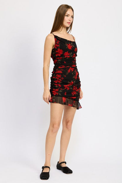 Automotive part image showing Jade Icarus ruched asymmetrical neck dress with ruffle detail design.