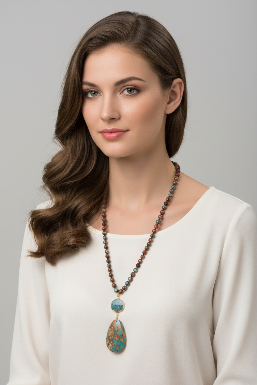 Rainbow Jasper Long Pendant Necklace featuring a colorful, polished gemstone pendant on a sleek jewelry chain.