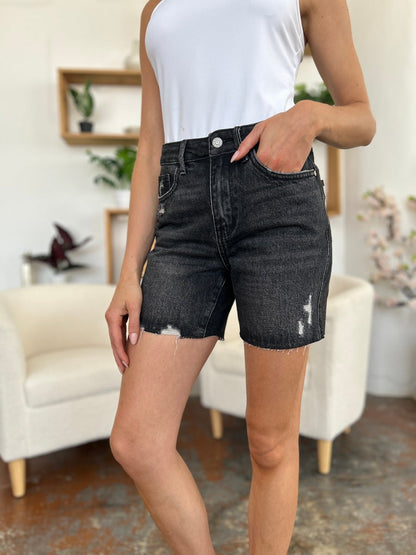 Judy Blue high waist rigid magic denim shorts for women, featuring a fitted silhouette and classic jean styling.