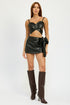 Leather mini skirt with bow detail by Jade Icarus, featuring a fitted silhouette and stylish design.