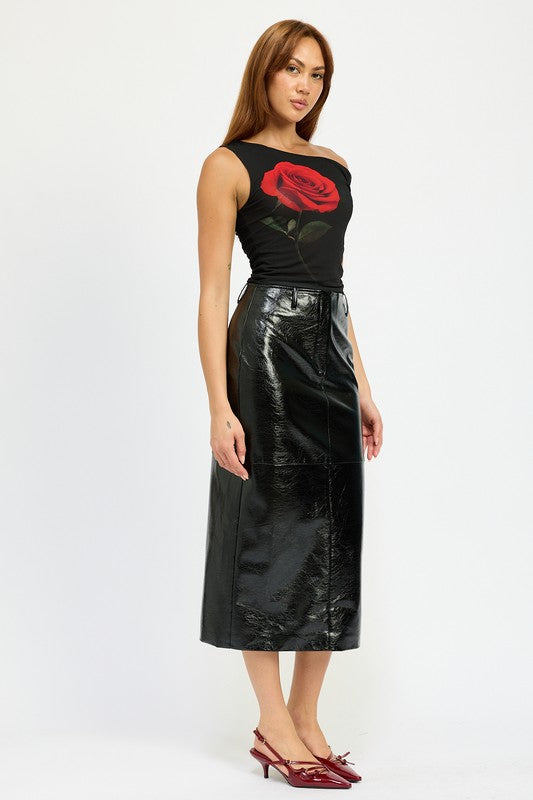 Fitted Jade Icarus pencil skirt with side slit, showcasing tailored design and smooth fabric.