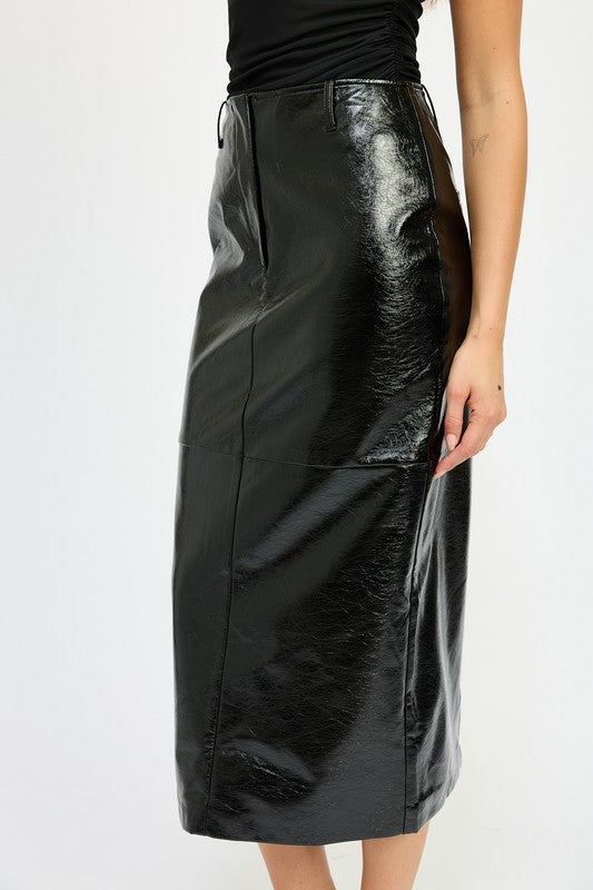Fitted pencil skirt with slit by Jade Icarus, featuring sleek automotive-inspired design and tailored fit.