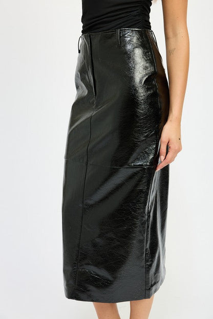 Fitted pencil skirt with slit by Jade Icarus, featuring sleek automotive-inspired design and tailored fit.