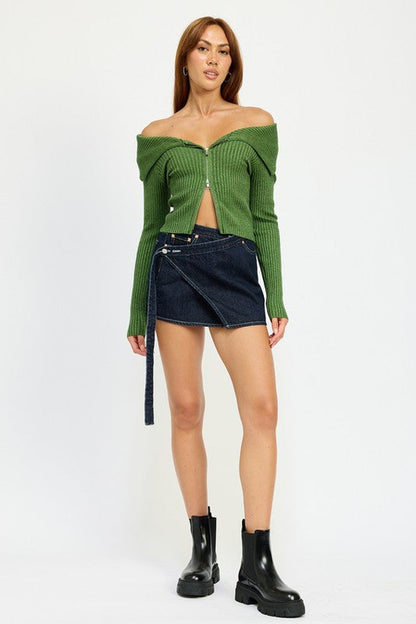 Automotive wrapped mini denim skirt by Jade Icarus featuring a stylish, fitted design with denim fabric and wrap details.