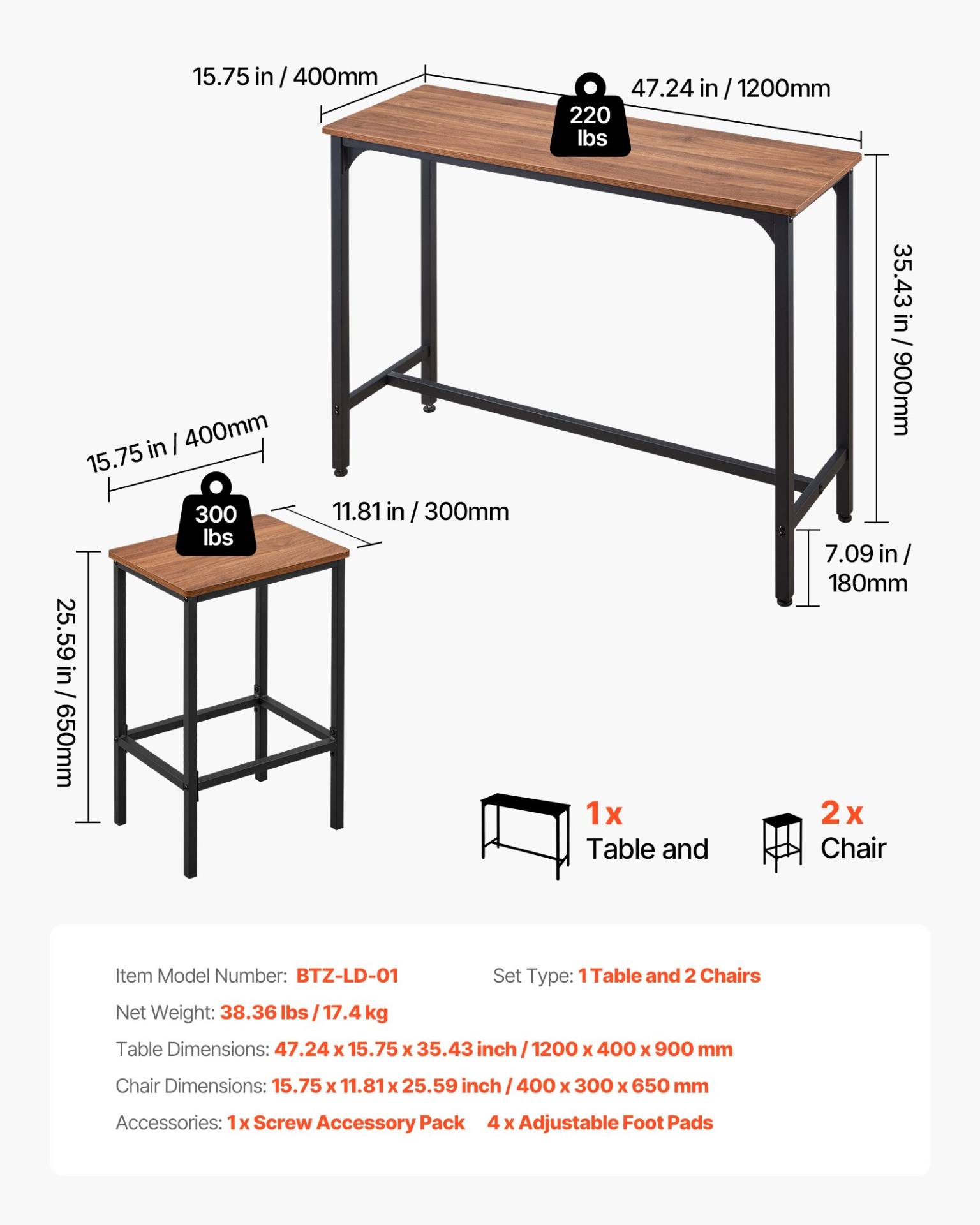 Rustic brown and black VEVOR 3-piece bar table set with two stools, rounded edges, ideal for office, breakfast corner, or mini bars.