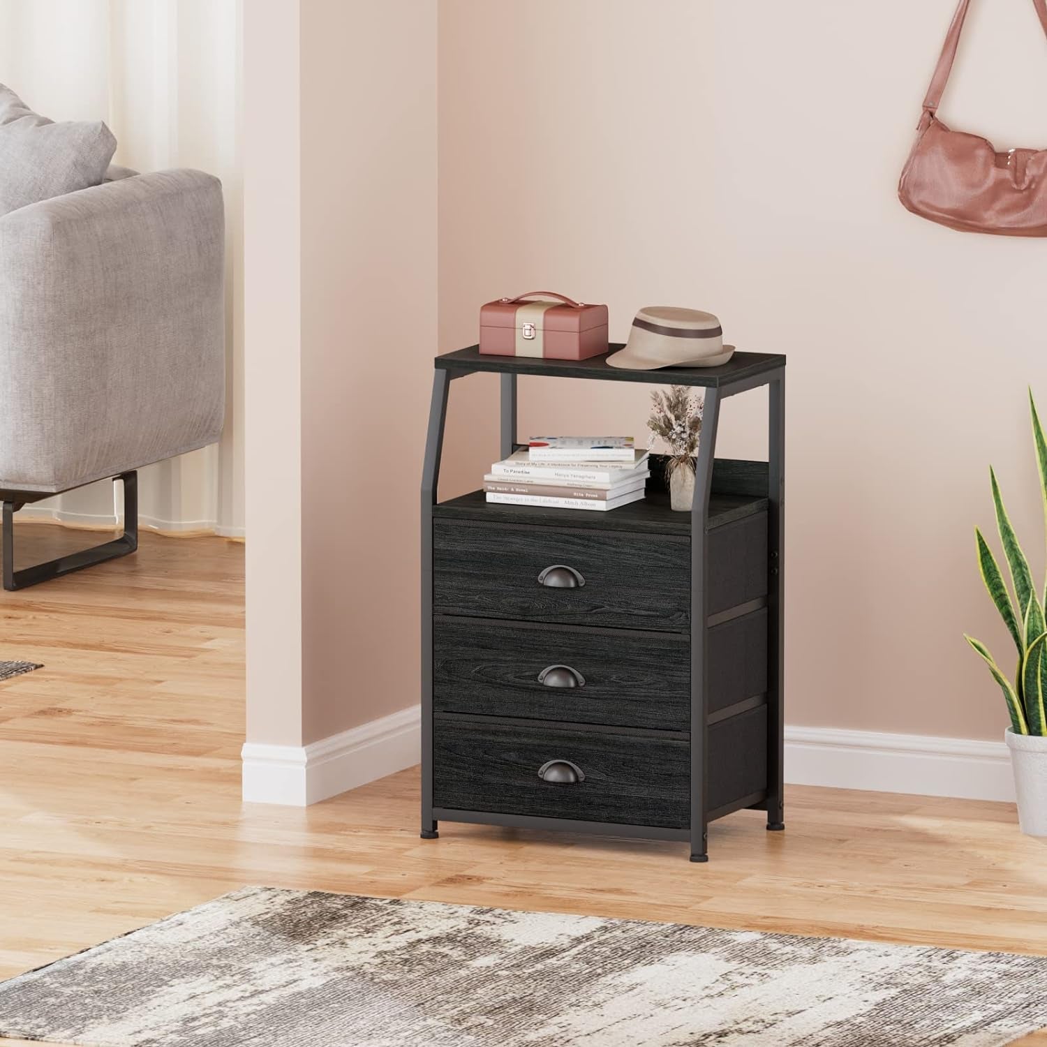 Black night stand with three fabric drawers, two-tier shelf, made by Peach Maple, showing modern furniture design.