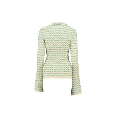 Green lightweight long sleeve cotton knit button-up shirt for women by Raspberry Molly, shown in a casual fit.