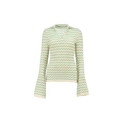Green lightweight long sleeve cotton knit button-up shirt for women by Raspberry Molly, shown on a model.