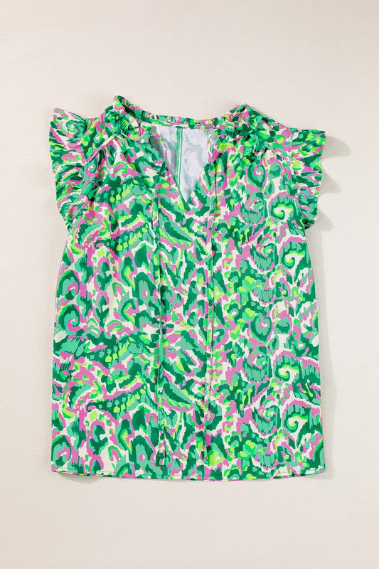 Women’s ruffled trim tied split neck tank top by Jade Icarus, featuring a sleeveless design with a feminine ruffled neckline.