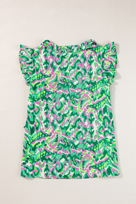 Women’s ruffled trim tied split neck tank top by Jade Icarus, featuring feminine ruffles and a relaxed fit in soft fabric.