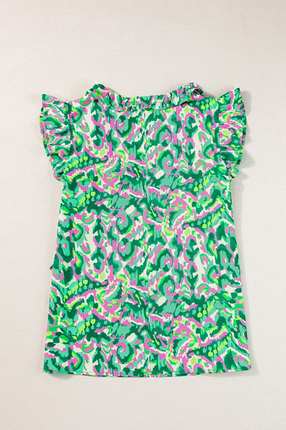 Women’s ruffled trim tied split neck tank top by Jade Icarus, featuring feminine ruffles and a relaxed fit in soft fabric.