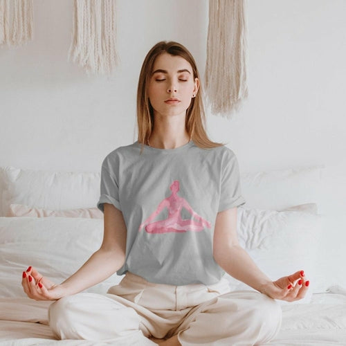 Yellow Pandora yoga meditation pose print T-shirt, casual crewneck shirt with peaceful yoga figure design on soft fabric.