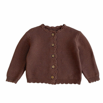 Baby unisex solid color crochet cardigan by Yellow Angel, warm knit sweater for kids and babies, front view.