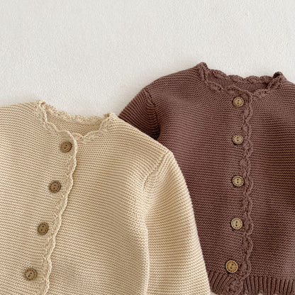 Baby unisex solid color crochet cardigan by Yellow Angel, soft knit sweater for kids and babies, front view with buttons.