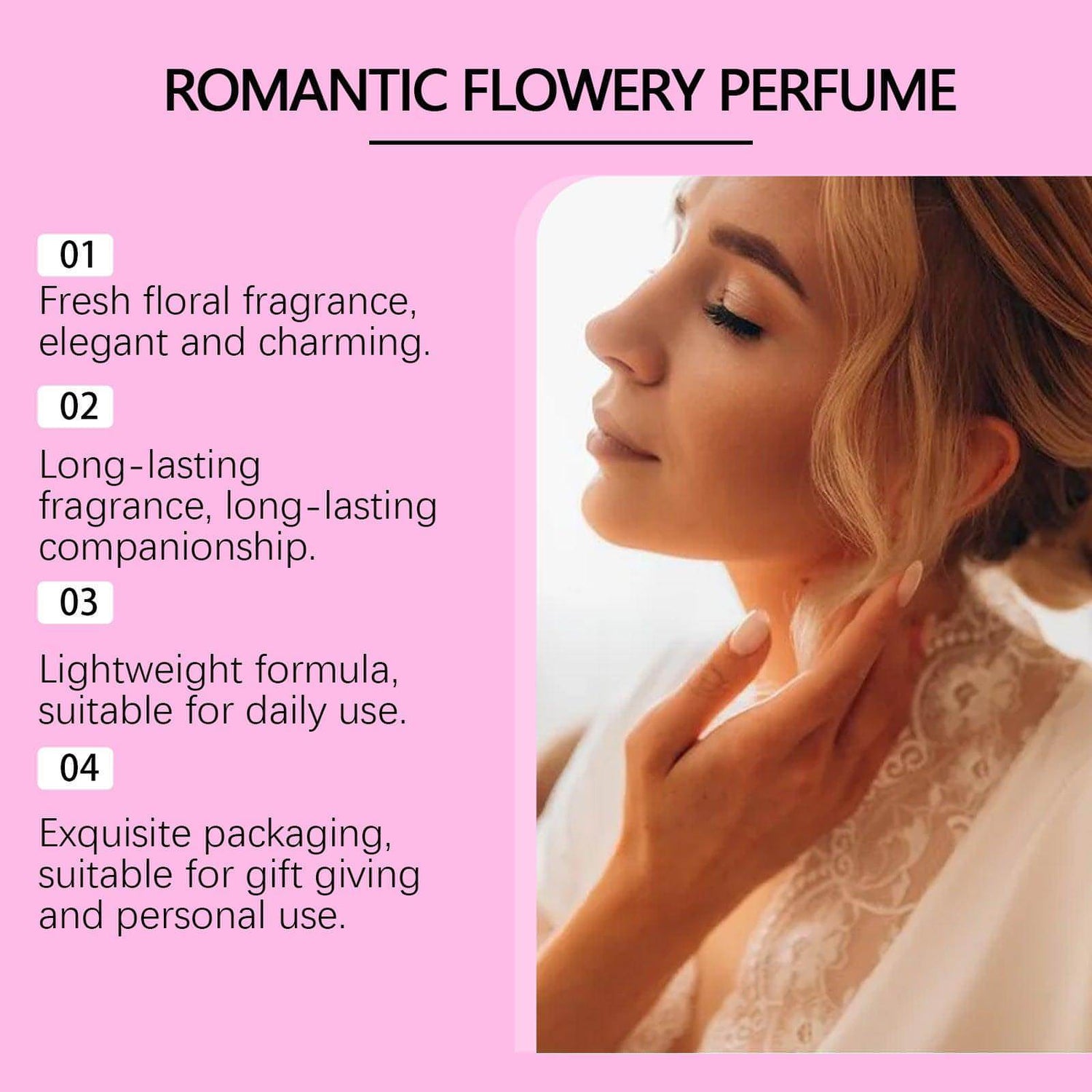 Elegant Carmine Juneberry Romantic Light Perfume for body care, showcasing a sleek bottle with a delicate floral design.