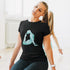 Yellow Pandora yoga backward bend print jersey short sleeve T-shirt, comfortable casual top with colorful graphic design.