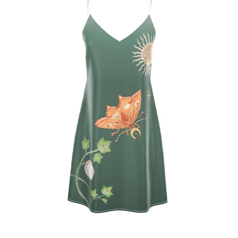 Violet Apollo Vela Silk Slip Dress in green jungle butterfly print, women&