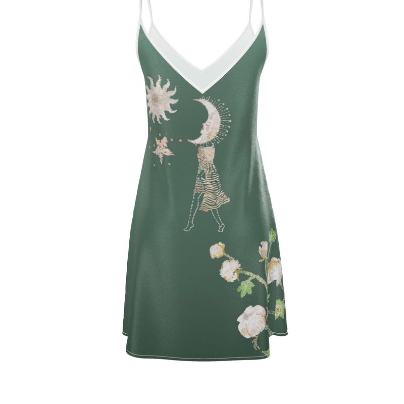 Violet Apollo Vela Silk Slip Dress in Green Jungle Butterfly print, women&