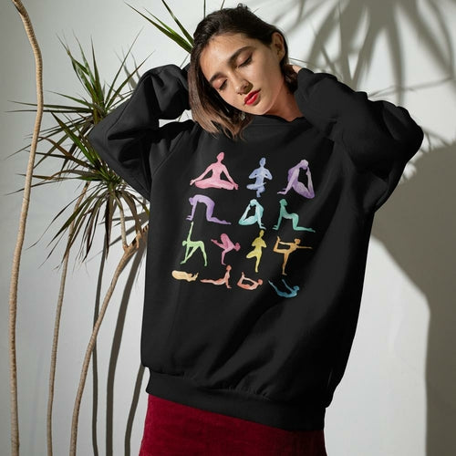 Yellow Pandora yoga theme crewneck sweatshirt featuring a colorful yoga design on soft, comfortable sweater fabric.