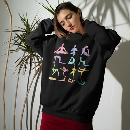 Yellow Pandora yoga theme crewneck sweatshirt featuring a colorful yoga design on soft, comfortable sweater fabric.