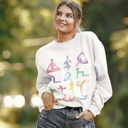 Yellow Pandora yoga theme crewneck sweatshirt showing a comfortable, colorful design on soft fabric, ideal for casual wear.