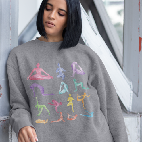 Yellow Pandora yoga theme crewneck sweatshirt, soft sweater with yoga-inspired design, casual wear for comfort and style.