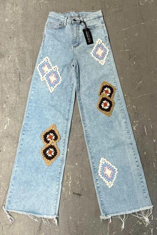 Jade Icarus Callie Crochet Jean automotive part with intricate crochet design, showcasing detailed craftsmanship and texture.