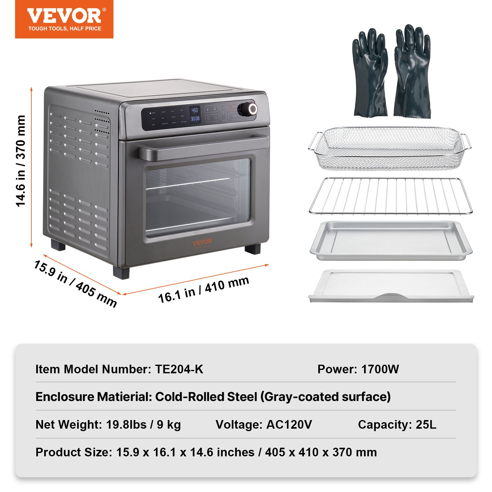 Start2Finish VEVOR 12-in-1 air fryer toaster oven with stainless steel exterior, 25L capacity, and included accessories.