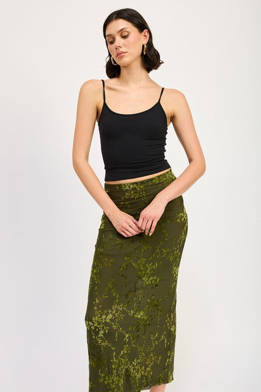 Jade Icarus fitted maxi skirt with slit, featuring sleek fabric and a stylish slit detail for a modern look.