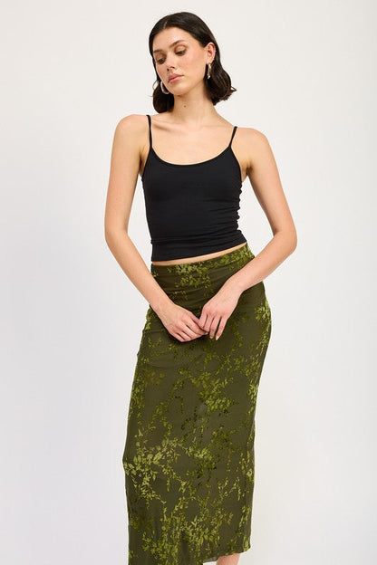 Jade Icarus fitted maxi skirt with slit, featuring sleek fabric and a stylish slit detail for a modern look.
