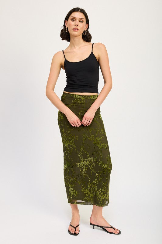 Fitted maxi skirt with slit by Jade Icarus, featuring a sleek design and smooth fabric, displayed on a neutral background.