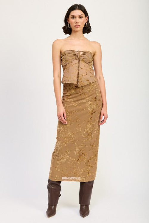 Fitted maxi skirt with slit by Jade Icarus, featuring a sleek design and elegant silhouette.