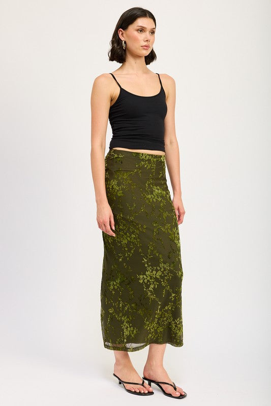 Jade Icarus fitted maxi skirt with slit, showcased on a model with a stylish, flowing design and elegant slit detail.