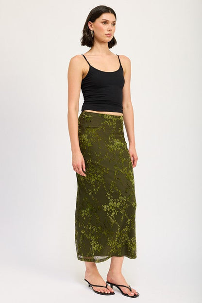 Jade Icarus fitted maxi skirt with slit, showcased on a model with a stylish, flowing design and elegant slit detail.