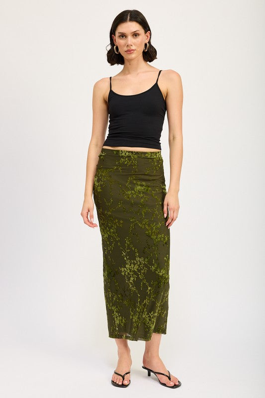 Automotive fitted maxi skirt with slit by Jade Icarus, featuring sleek fabric and a stylish slit detail.