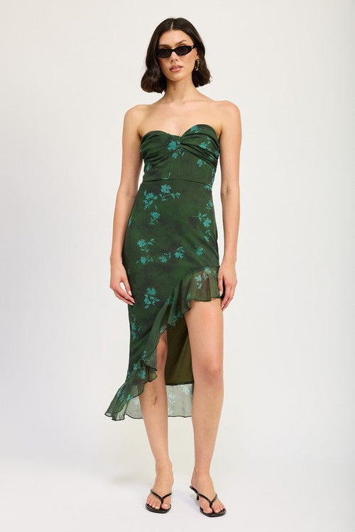 Asymmetrical ruffle tube maxi dress by Jade Icarus, featuring a stylish design with ruffles and a fitted silhouette.