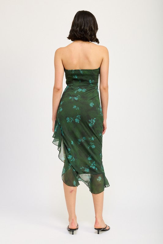 Asymmetrical ruffle tube maxi dress by Jade Icarus, featuring a stylish design with ruffles and a fitted silhouette.