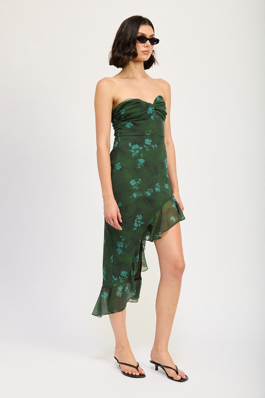 Automotive Jade Icarus asymmetrical ruffle tube maxi dress with flowing fabric and ruffle details, displayed on a model.