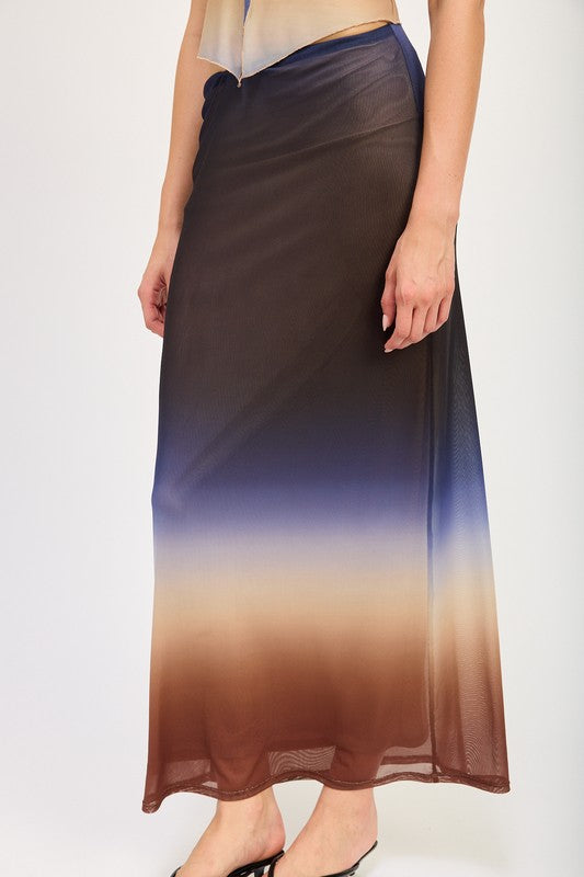 Jade Icarus ombre mesh skirt for women, featuring a flowy, semi-transparent design with gradient color fade.