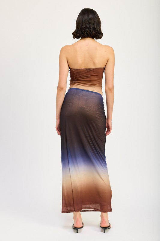 Jade Icarus ombre mesh skirt for women, showcasing a flowy, semi-transparent fabric with a stylish gradient pattern.