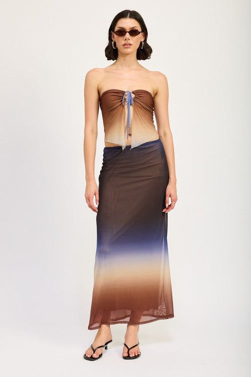 Jade Icarus ombre mesh skirt for women, featuring a flowy, semi-transparent fabric with a stylish gradient design.
