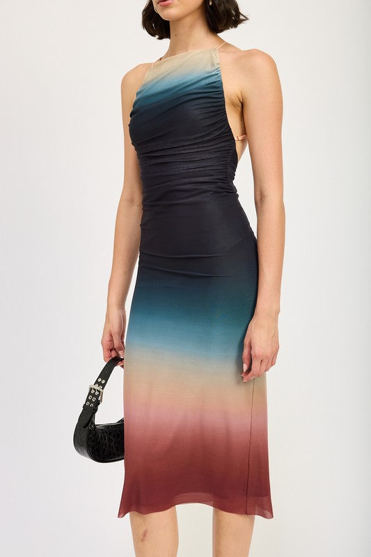Halter neck ombre maxi dress by Jade Icarus featuring flowing fabric and vibrant color gradient.