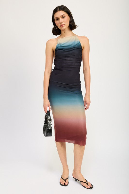 Halter neck ombre maxi dress by Jade Icarus featuring flowing fabric and vibrant color gradient, perfect for summer wear.